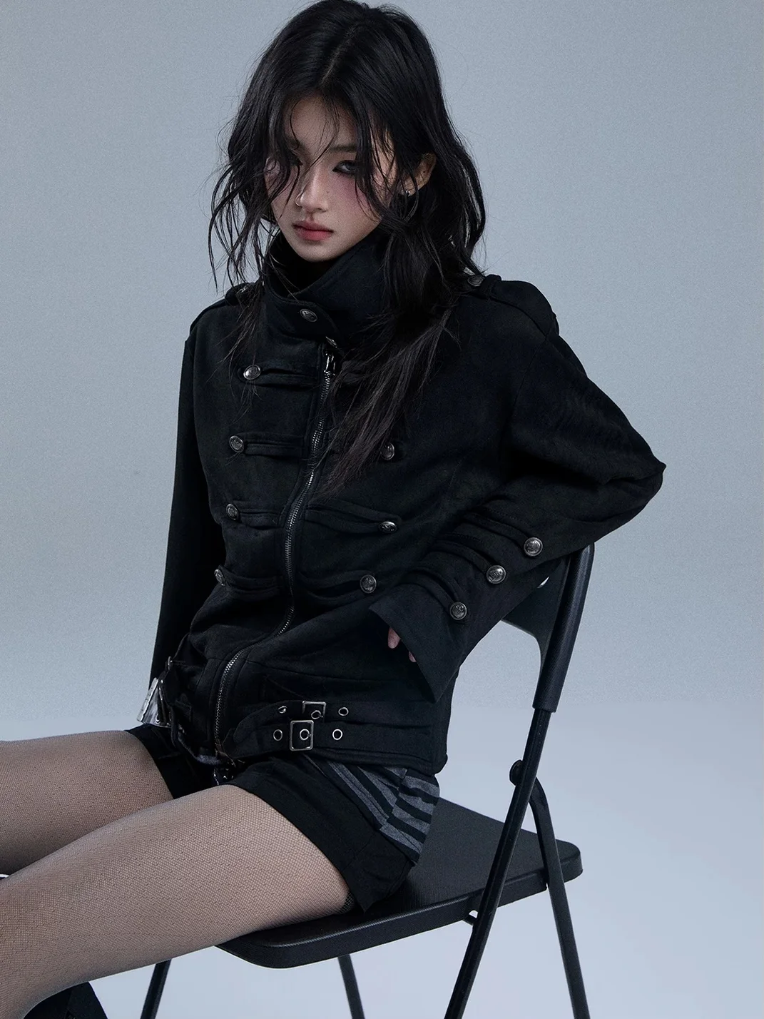 YUKAHOUSE | High-Neck Cropped Punk Motorcycle Jacket