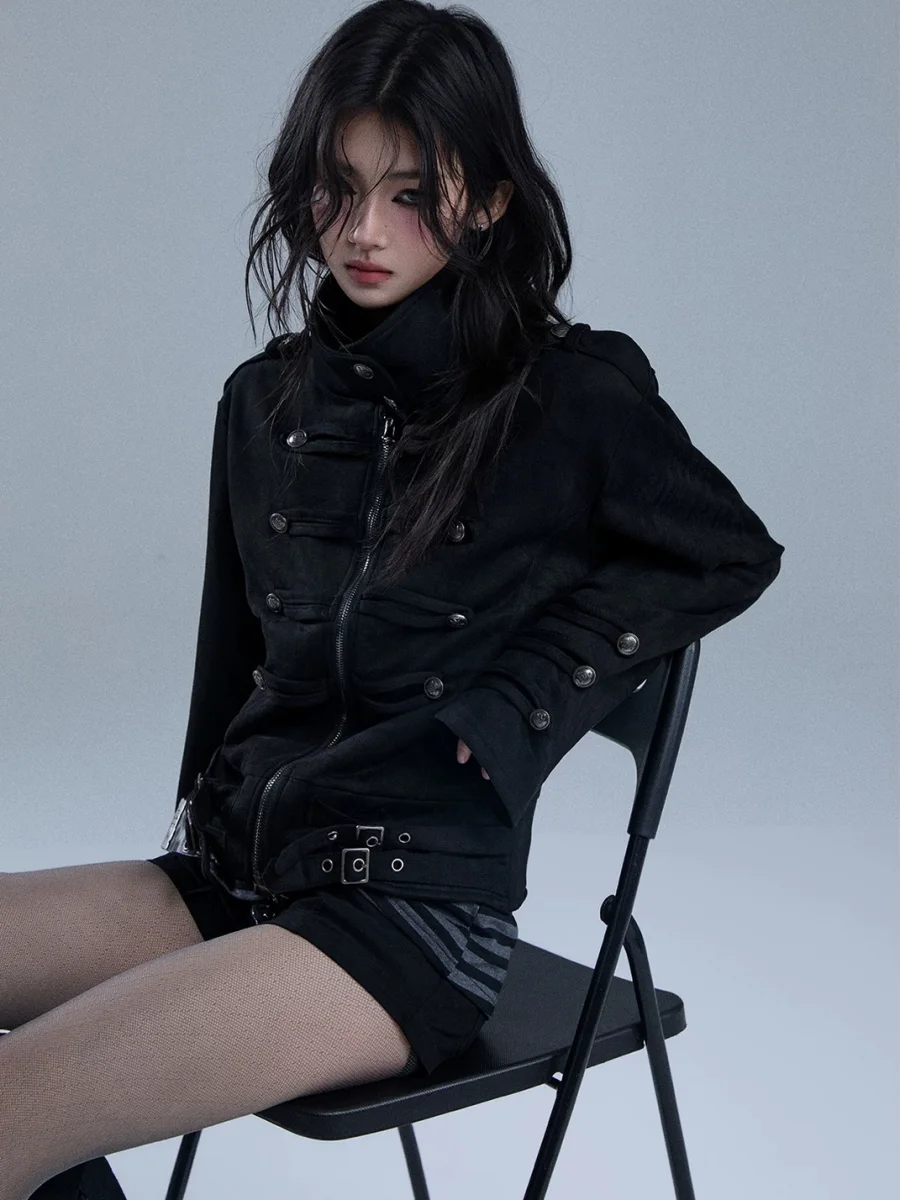 YUKAHOUSE | High-Neck Cropped Punk Motorcycle Jacket - 2