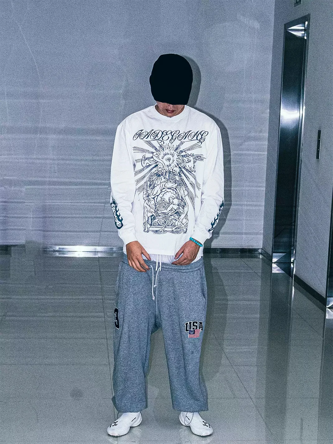 JADEGANG | White Skull Print Loose Long Sleeve T-Shirt