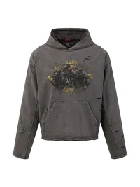 PEOPLESENSE | Washed Gradient Distressed Graphic Loose-Fit Hoodie