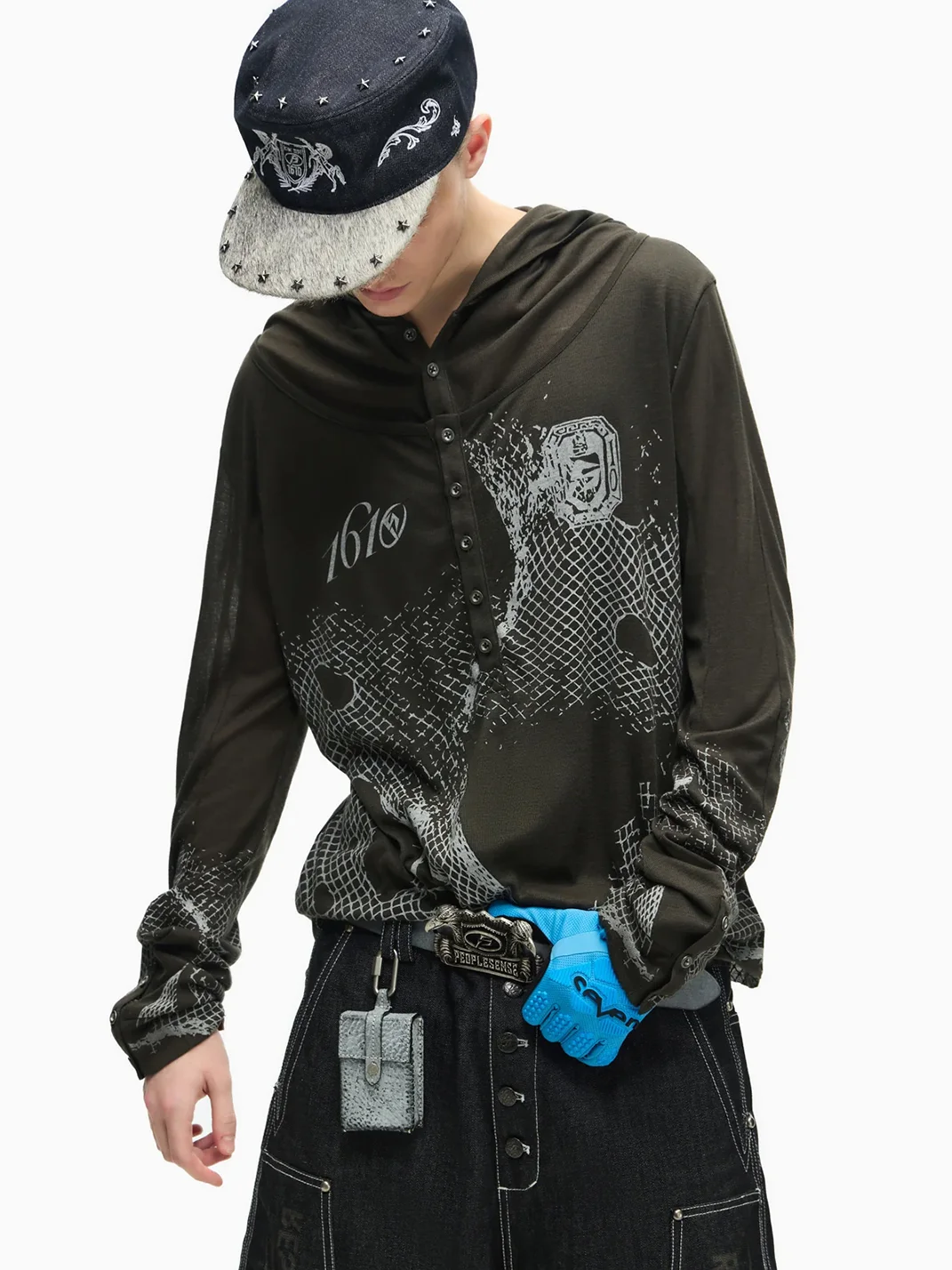 PEOPLESENSE | Deconstructed Mesh Print Hooded Henley Long Sleeve T-Shirt
