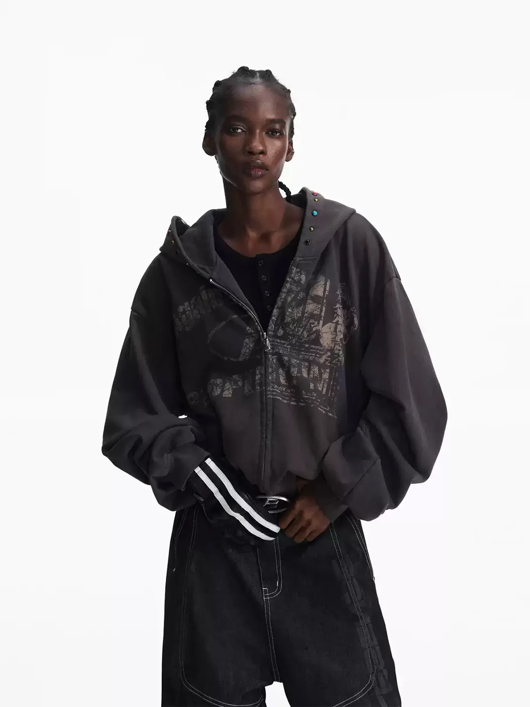 PEOPLESENSE | Distressed Racing Print Jewel Studded Zip-Up Hoodie