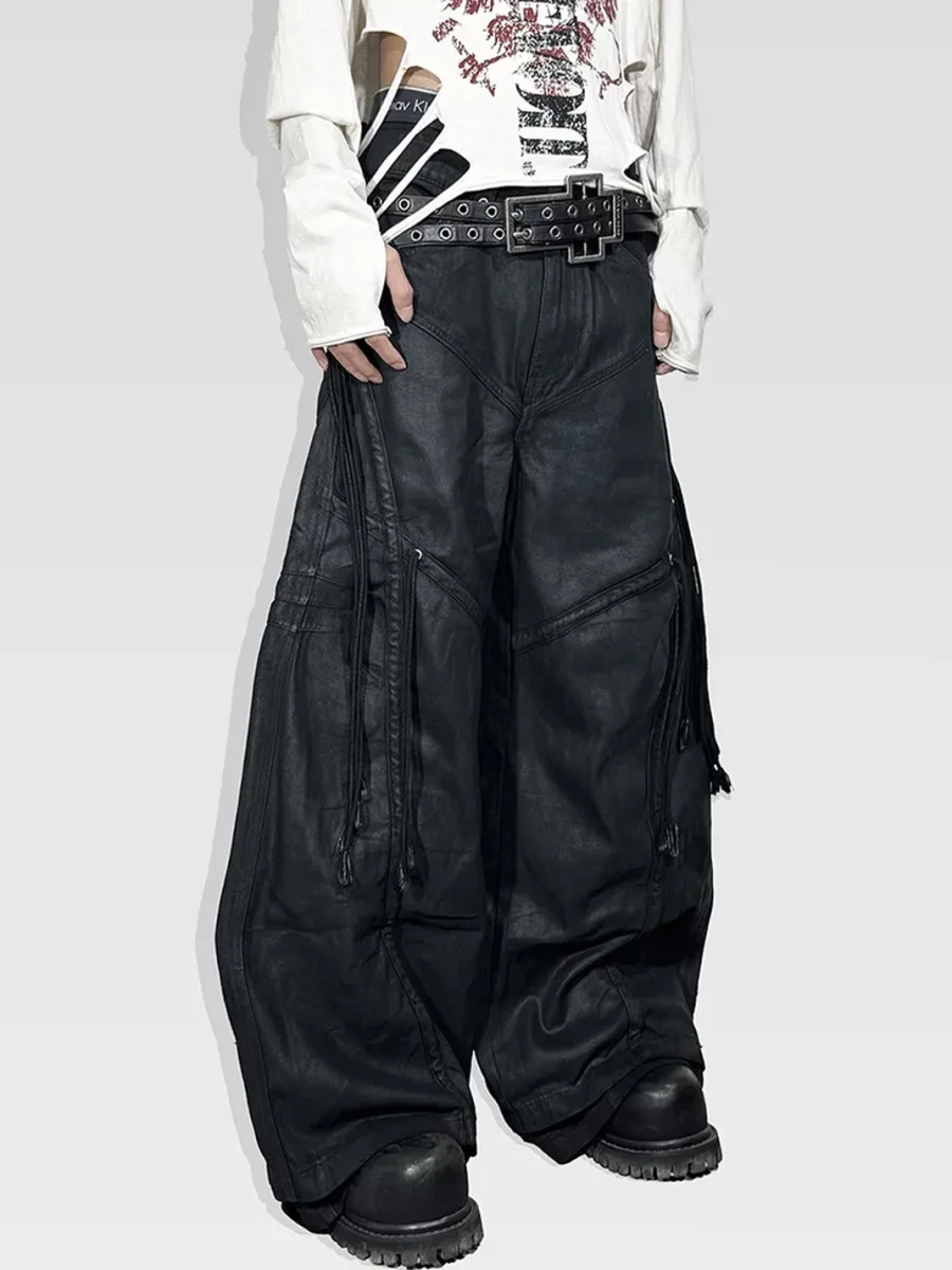 ATAnothingness | Adjustable Ruched Waxed Baggy Wide Leg Jeans - 3