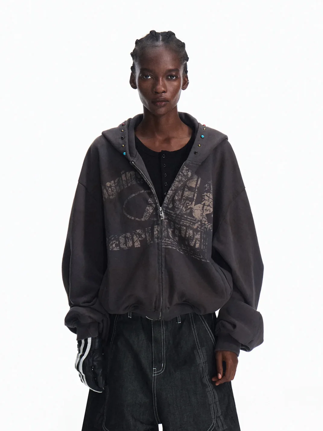 PEOPLESENSE | Distressed Racing Print Jewel Studded Zip-Up Hoodie