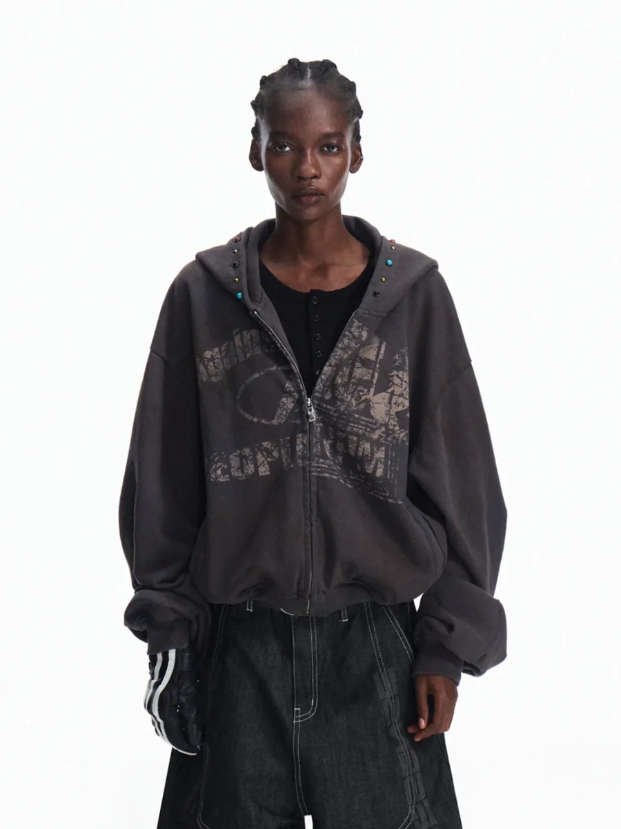 PEOPLESENSE | Distressed Racing Print Jewel Studded Zip-Up Hoodie - 2