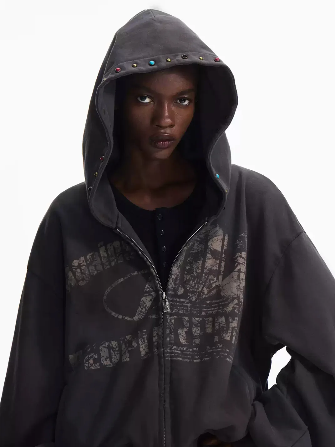 PEOPLESENSE | Distressed Racing Print Jewel Studded Zip-Up Hoodie