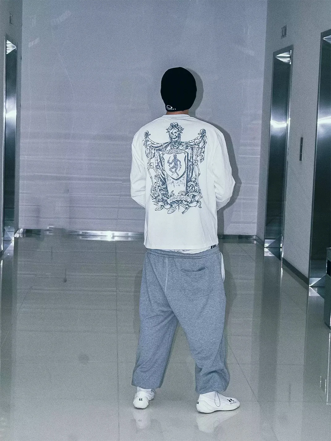 JADEGANG | White Skull Print Loose Long Sleeve T-Shirt