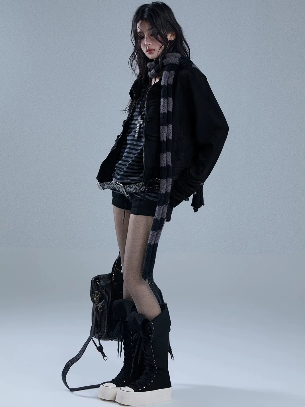 YUKAHOUSE | High-Neck Cropped Punk Motorcycle Jacket