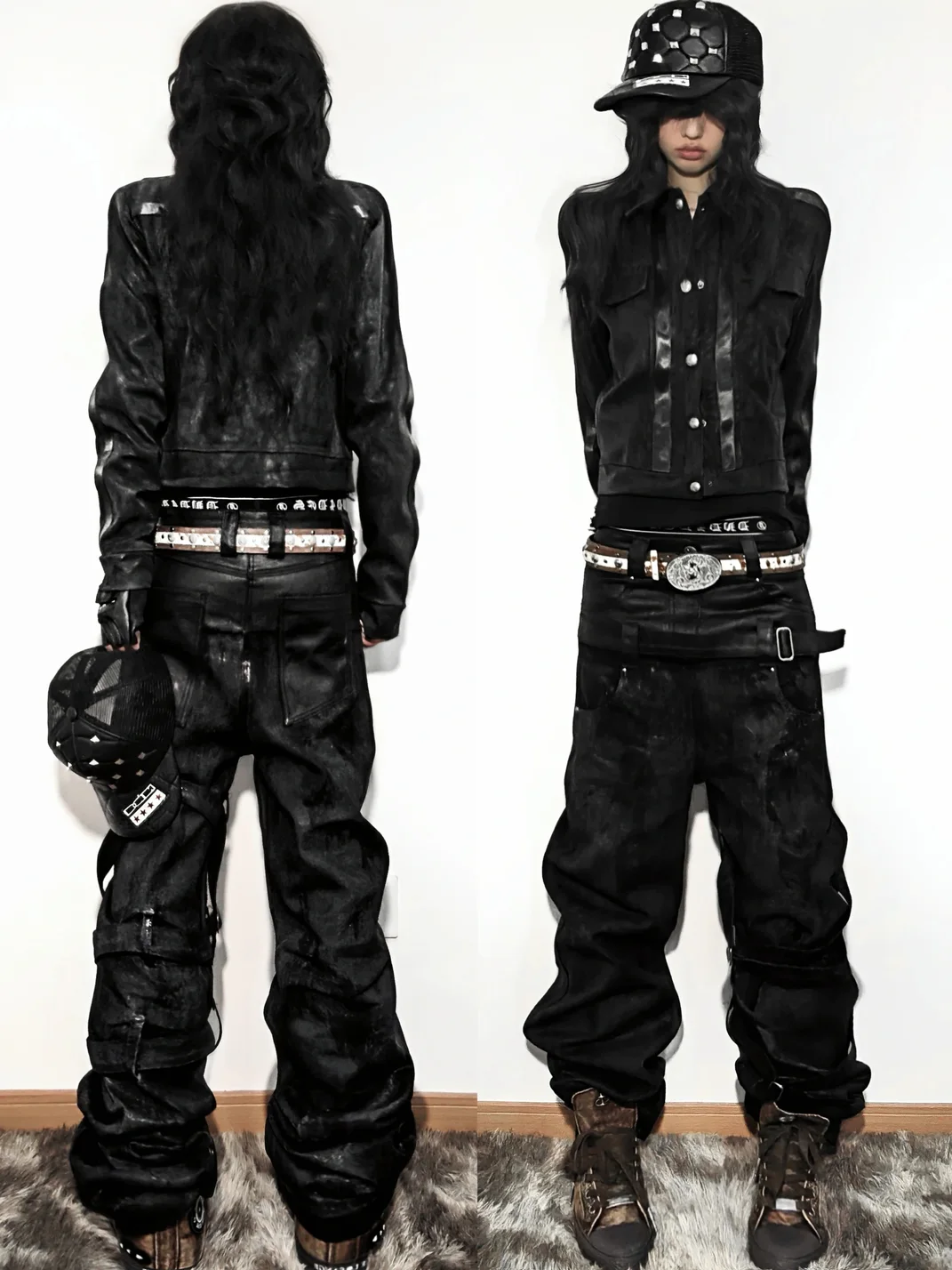 ATAnothingness | Double Waist Waxed Foil-Stamped Jeans