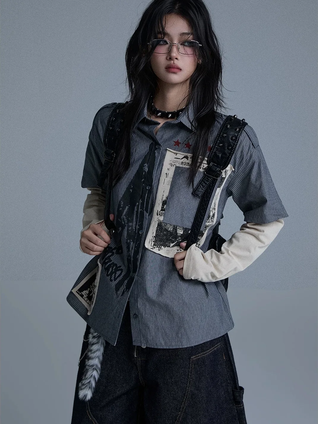 YUKAHOUSE | Unisex Faux-Layered Patchwork Long-Sleeve Shirt