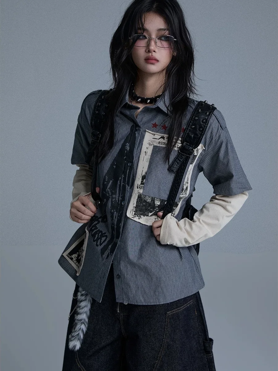YUKAHOUSE | Unisex Faux-Layered Patchwork Long-Sleeve Shirt - 2