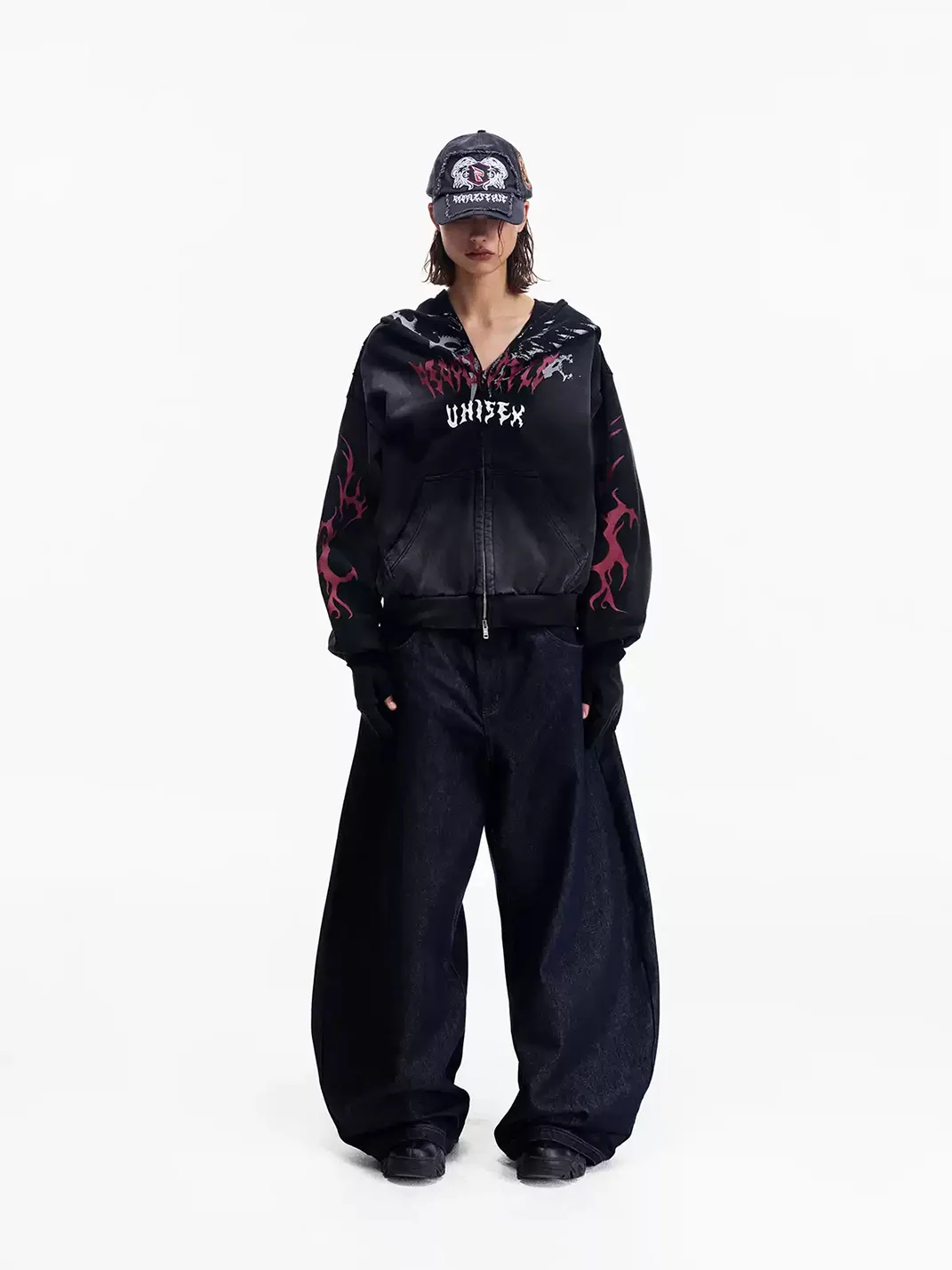 PEOPLESENSE | Distressed Loose Zip-Up Hoodie With Detachable Gloves