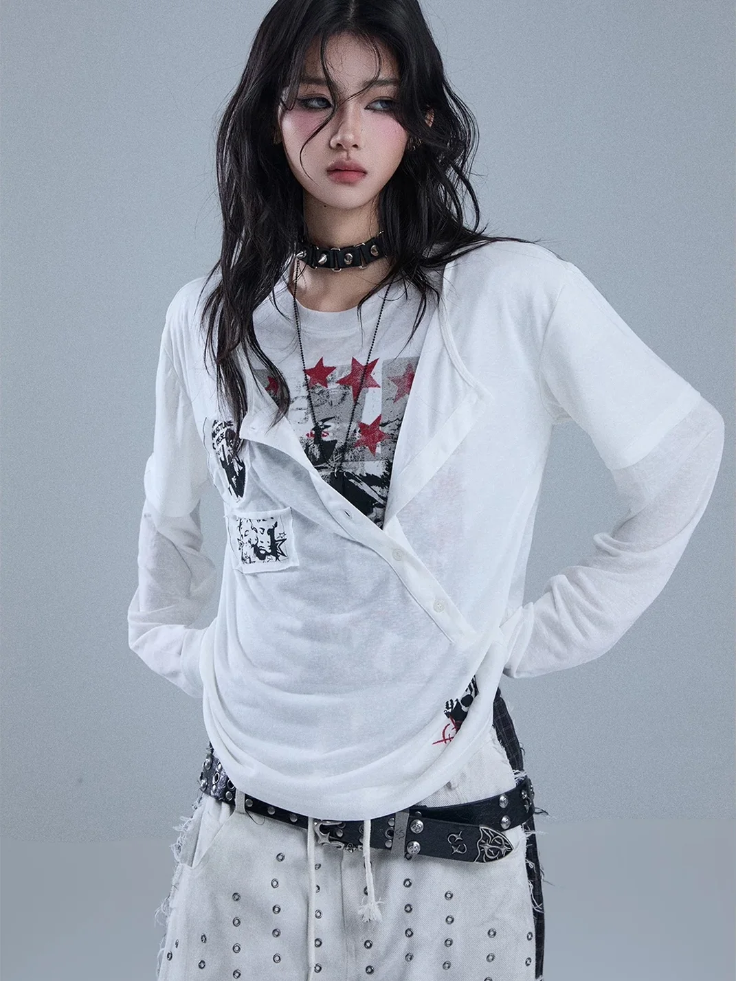 YUKAHOUSE | Faux-Layered Graphic Patch Long Sleeve T-Shirt