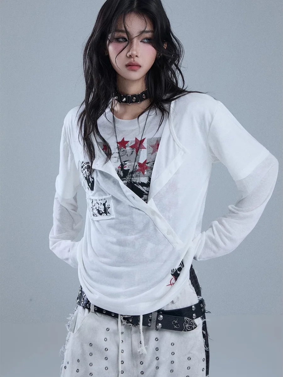 YUKAHOUSE | Faux-Layered Graphic Patch Long Sleeve T-Shirt - 2