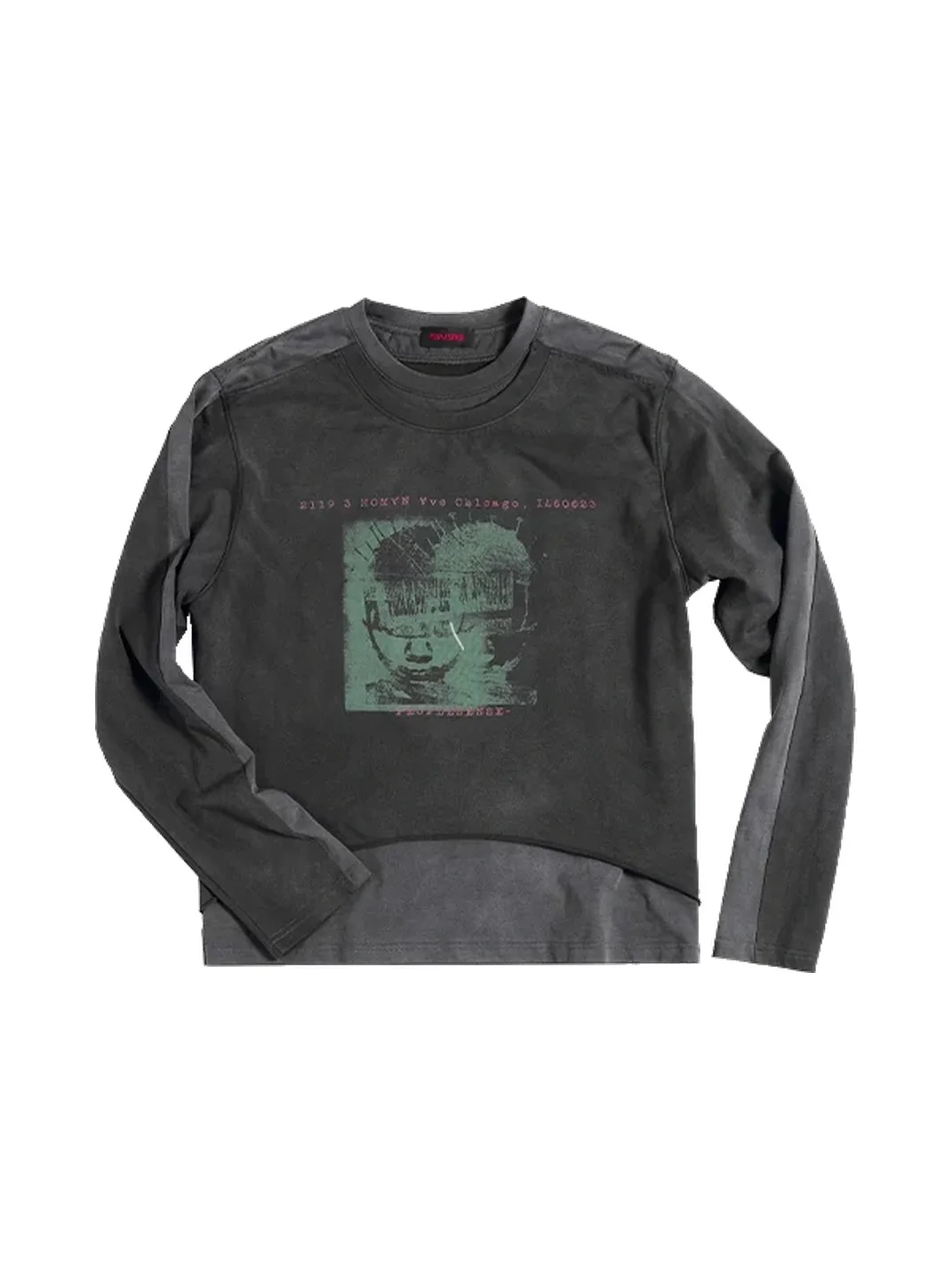 PEOPLESENSE | Distressed Portrait Print Layered-Look Long-Sleeve Loose T-Shirt
