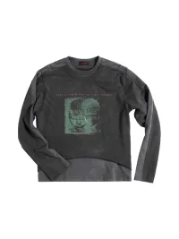 PEOPLESENSE | Distressed Portrait Print Layered-Look Long-Sleeve Loose T-Shirt