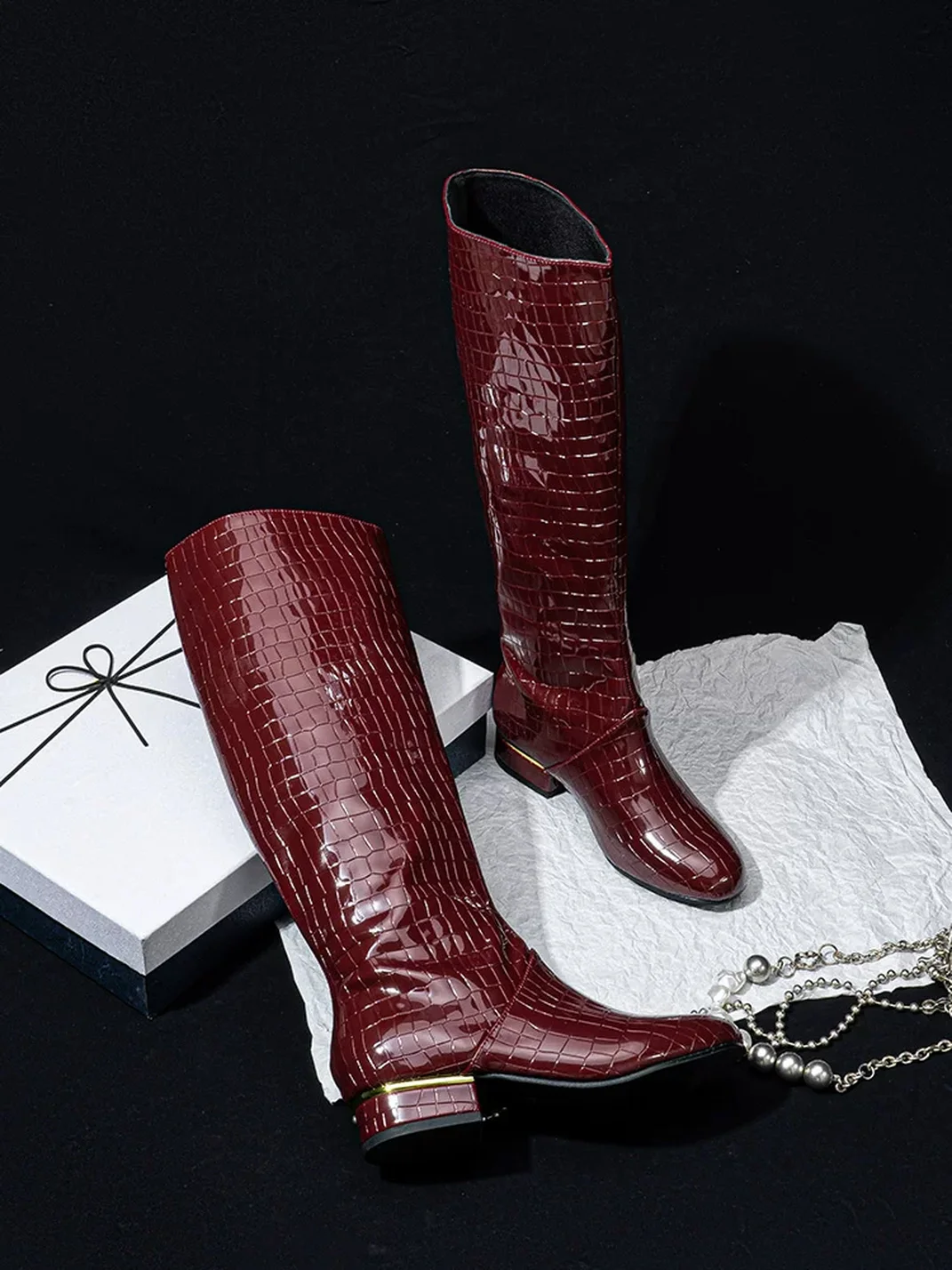 SISTER CURIE | Crocodile-Embossed Block Heel Knee-High Boots