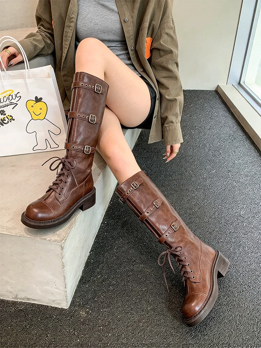 RONGRONG BABY | Distressed Leather Lace-Up Buckle Knee-High Boots