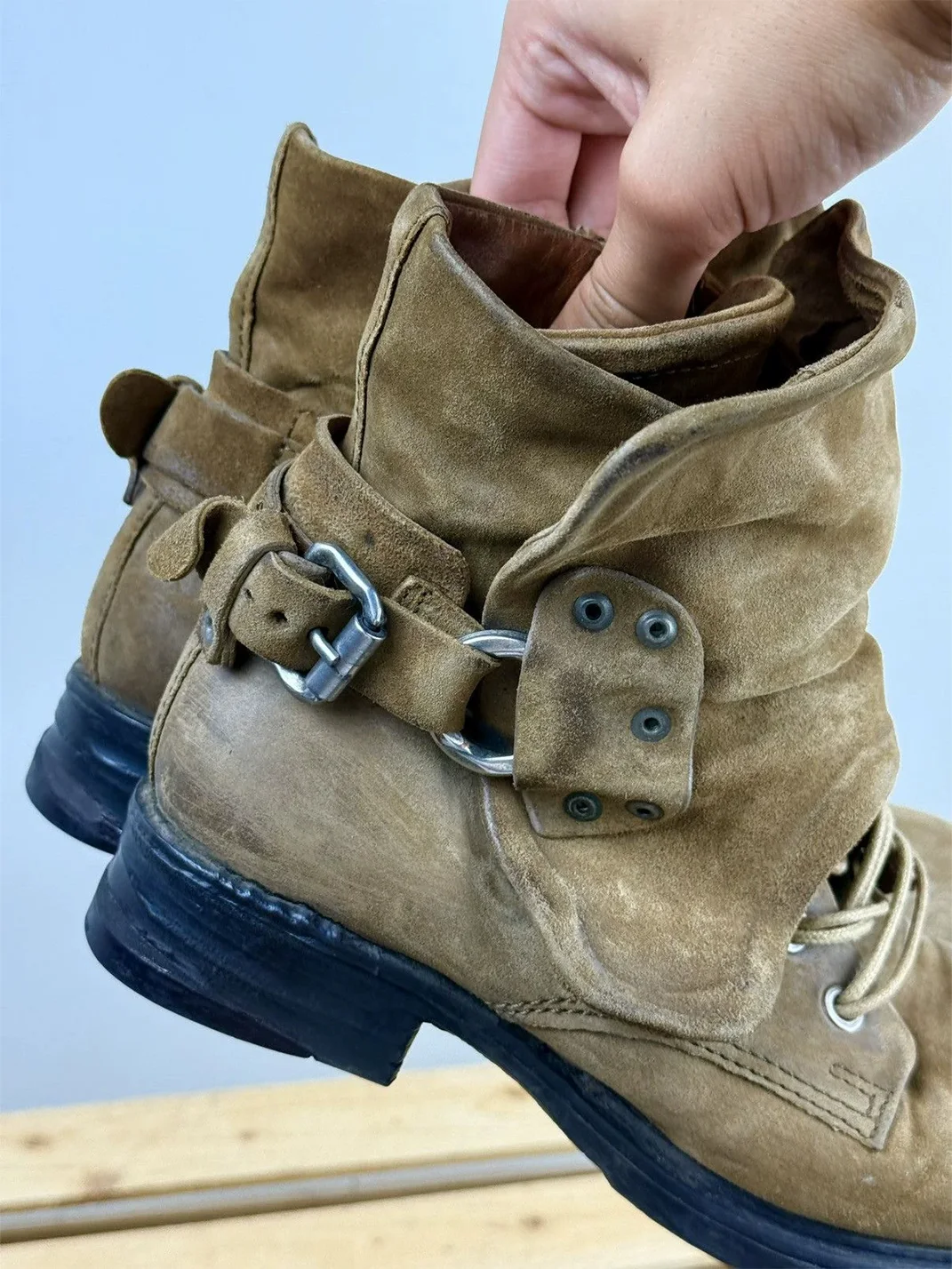 DLMNX | Distressed Suede Lace-Up Slouch Boots
