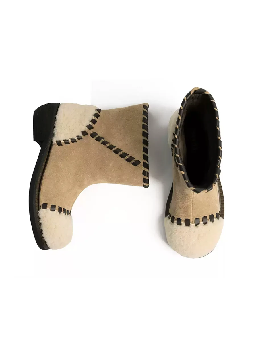 ZHUDAGE | Retro Leather And Wool Patchwork Ankle Boots - 3