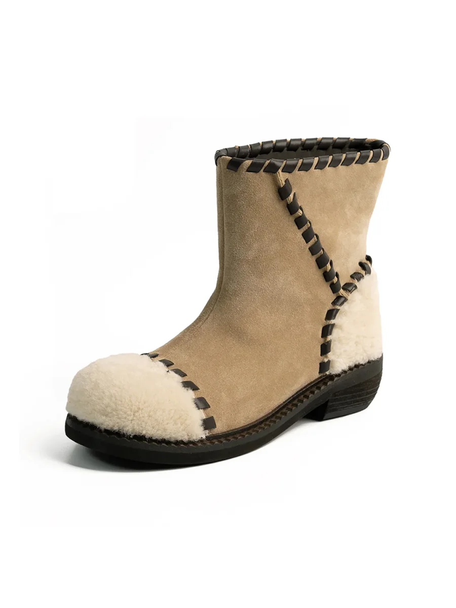 ZHUDAGE | Retro Leather And Wool Patchwork Ankle Boots - 4