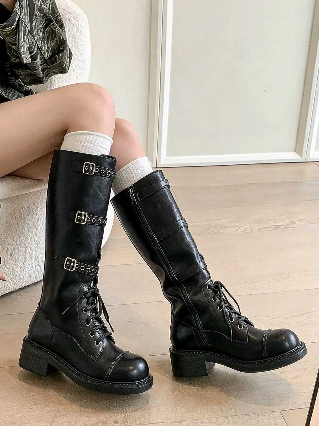 RONGRONG BABY | Distressed Leather Lace-Up Buckle Knee-High Boots