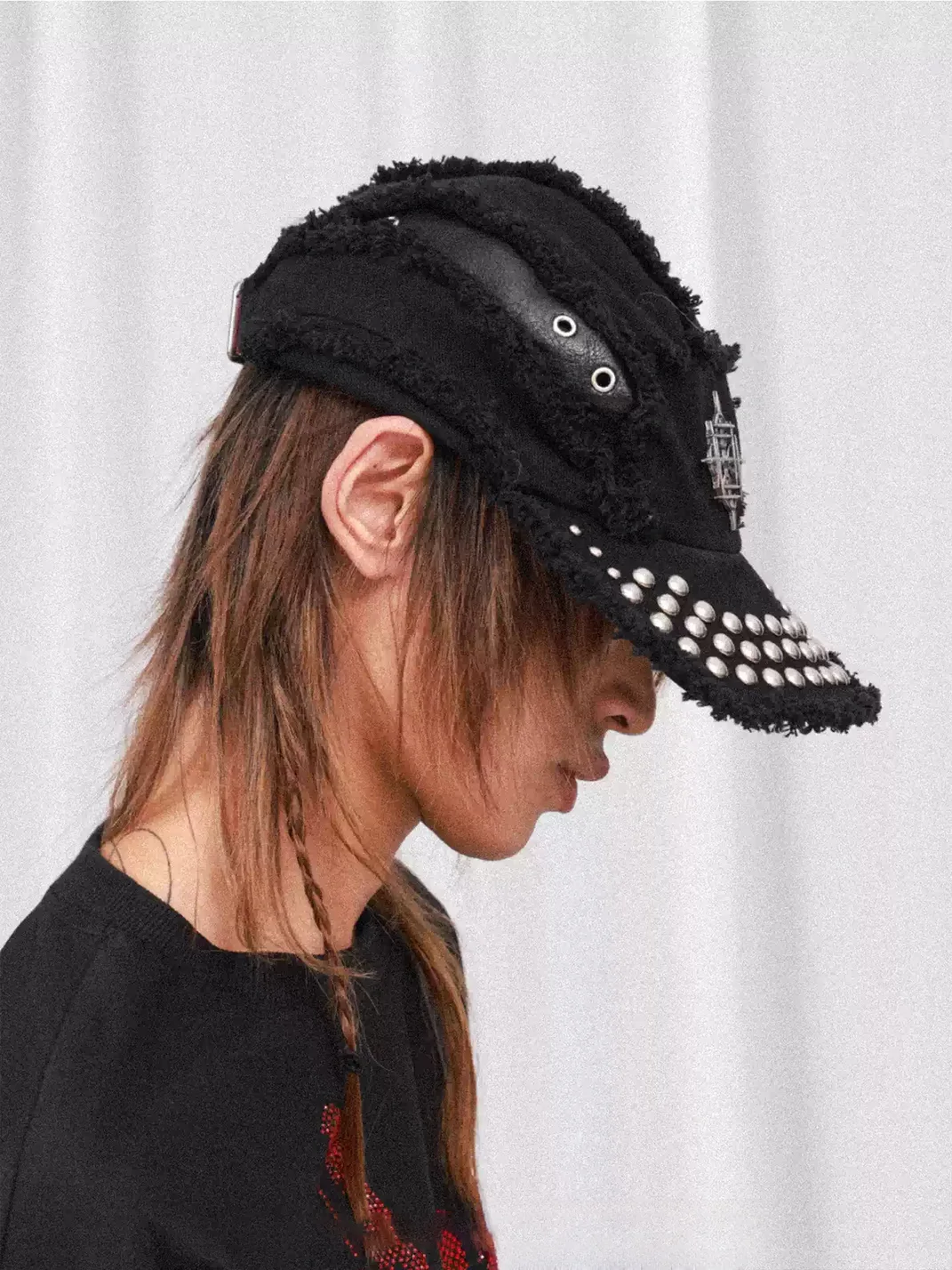 DETW | Distressed Studded Leather-Patch Cap With Metal Badge