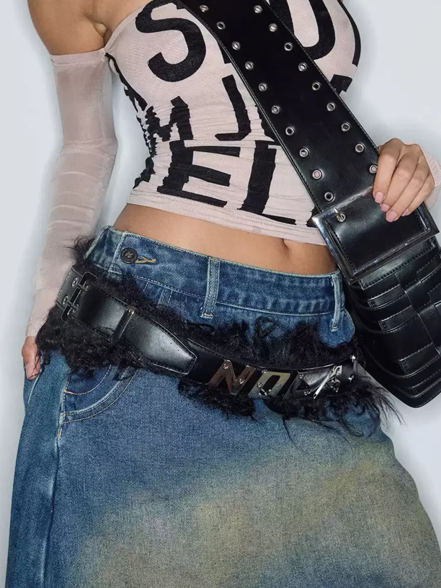 NOLA | Studded Fur-Trimmed Belt With Metal Lettering - 4