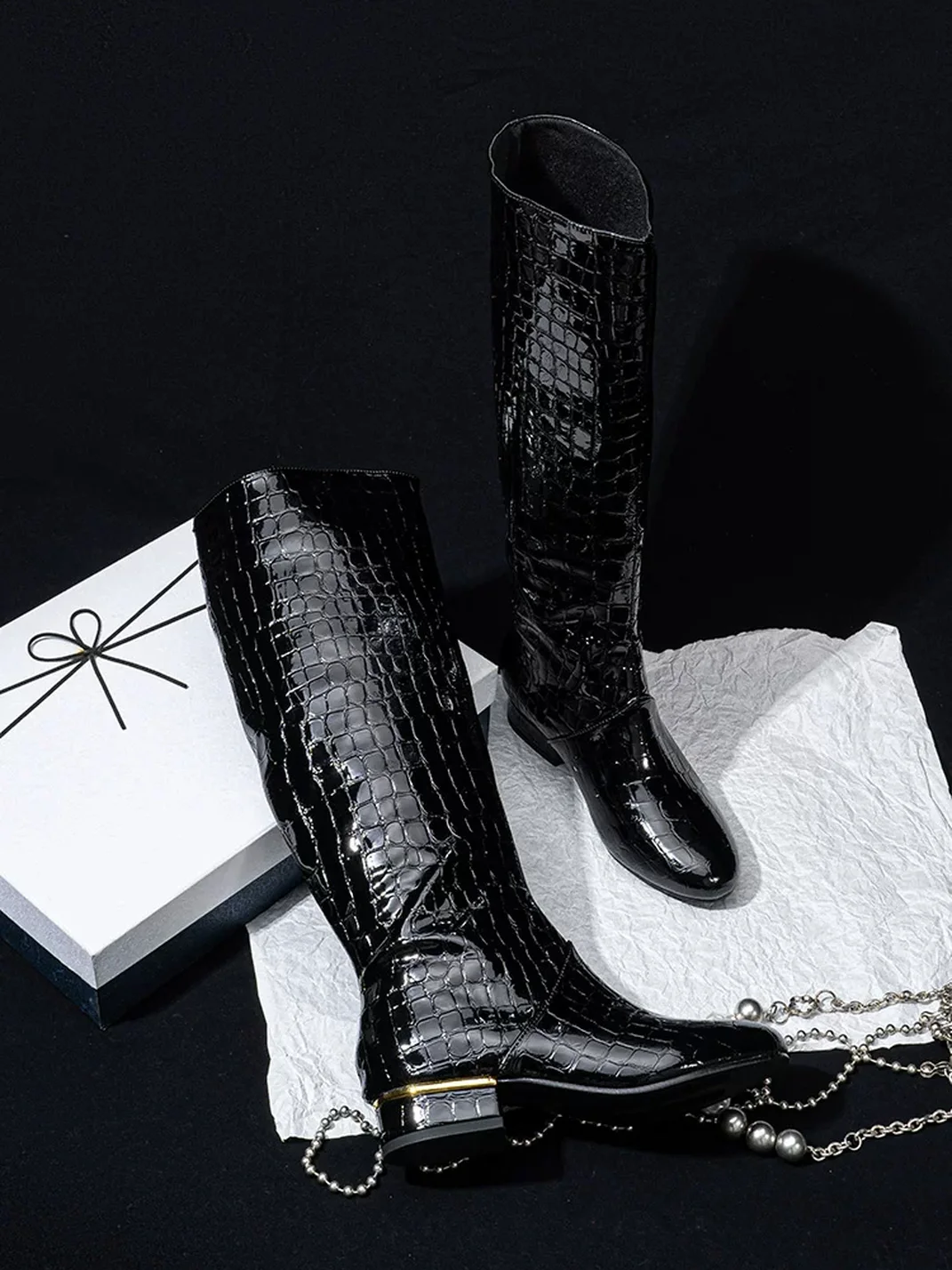 SISTER CURIE | Crocodile-Embossed Block Heel Knee-High Boots