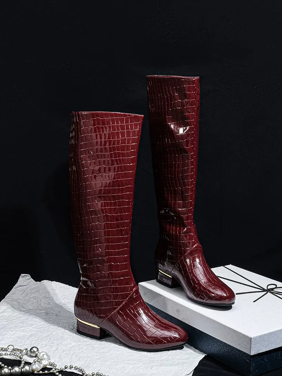 SISTER CURIE | Crocodile-Embossed Block Heel Knee-High Boots