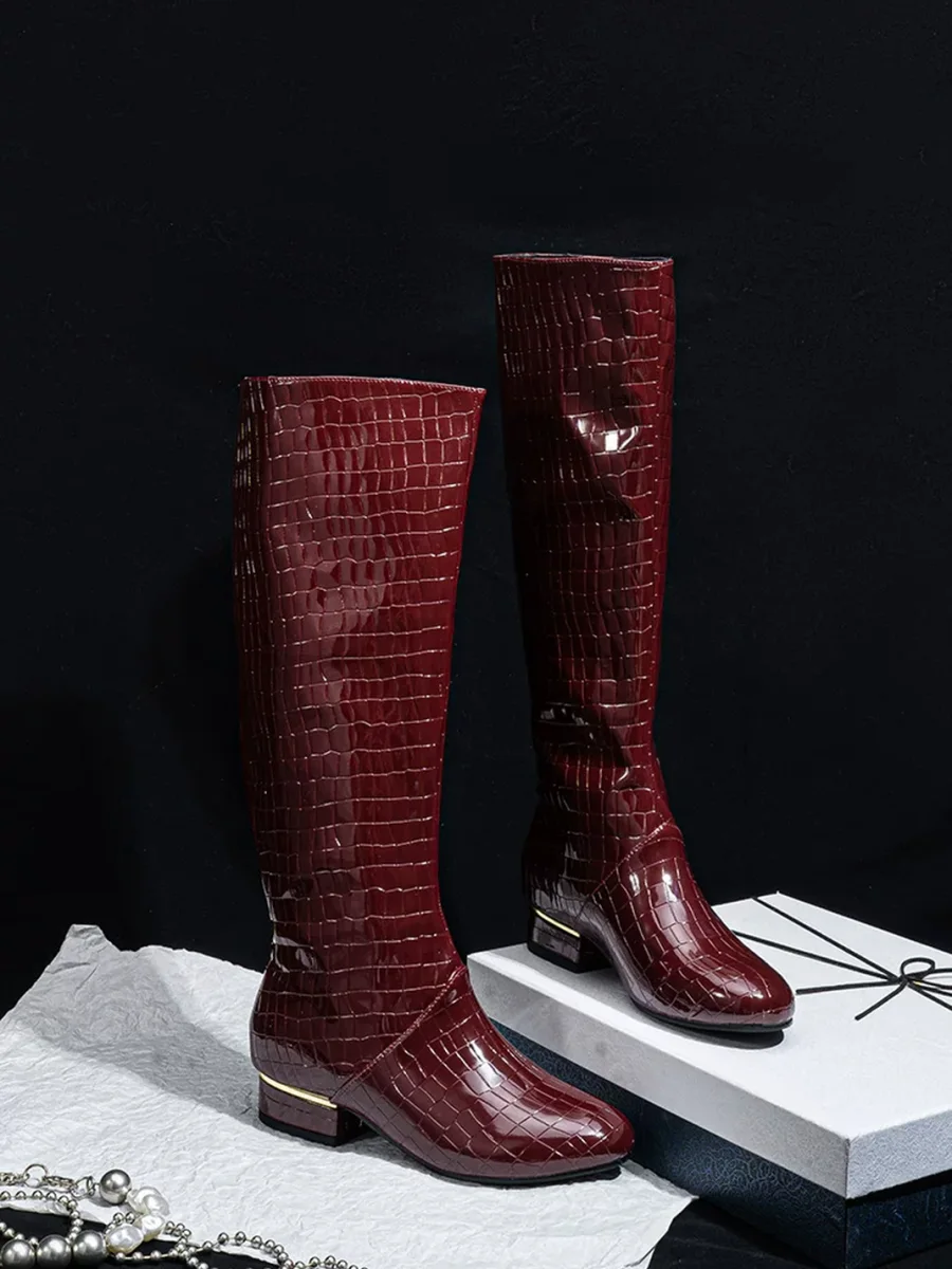 SISTER CURIE | Crocodile-Embossed Block Heel Knee-High Boots - 2