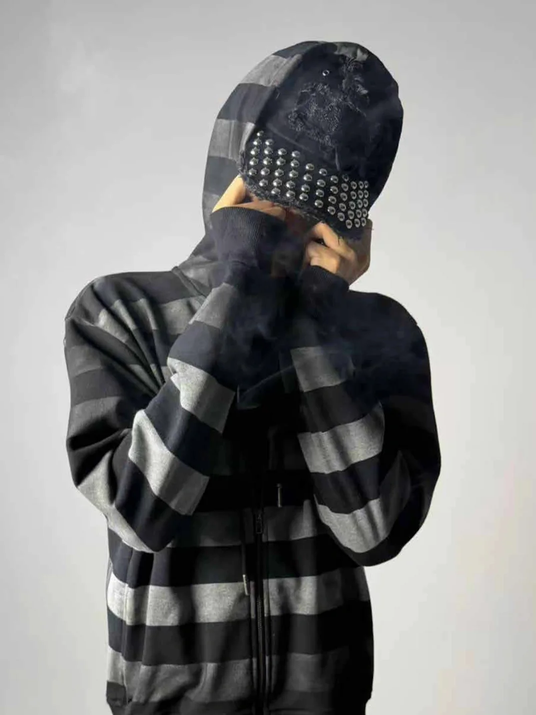 Cinder Vein | Studded Frayed Denim Curved Brim Baseball Cap