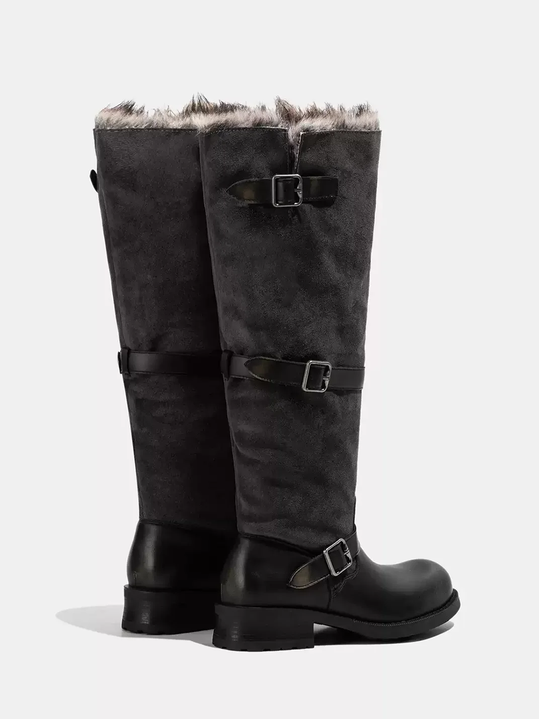 LMDD | Colorblock Plush-Lined Round-Toe Chunky-Heel Western Boots