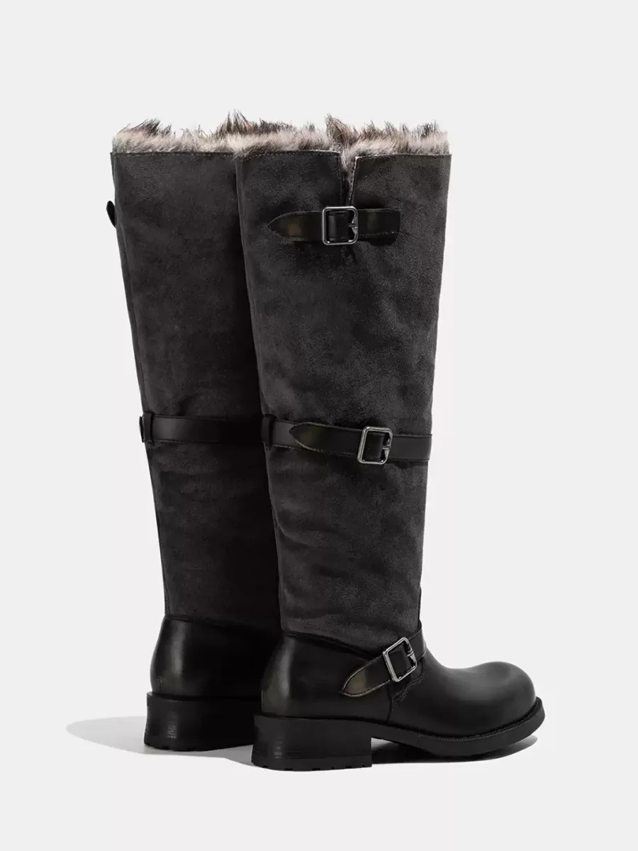 LMDD | Colorblock Plush-Lined Round-Toe Chunky-Heel Western Boots - 3