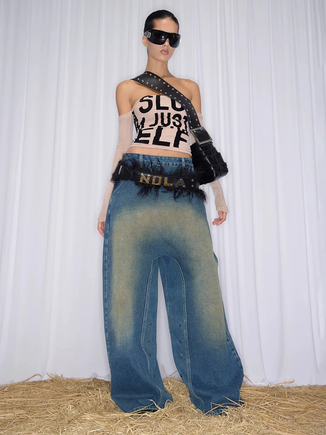 NOLA | Studded Fur-Trimmed Belt With Metal Lettering