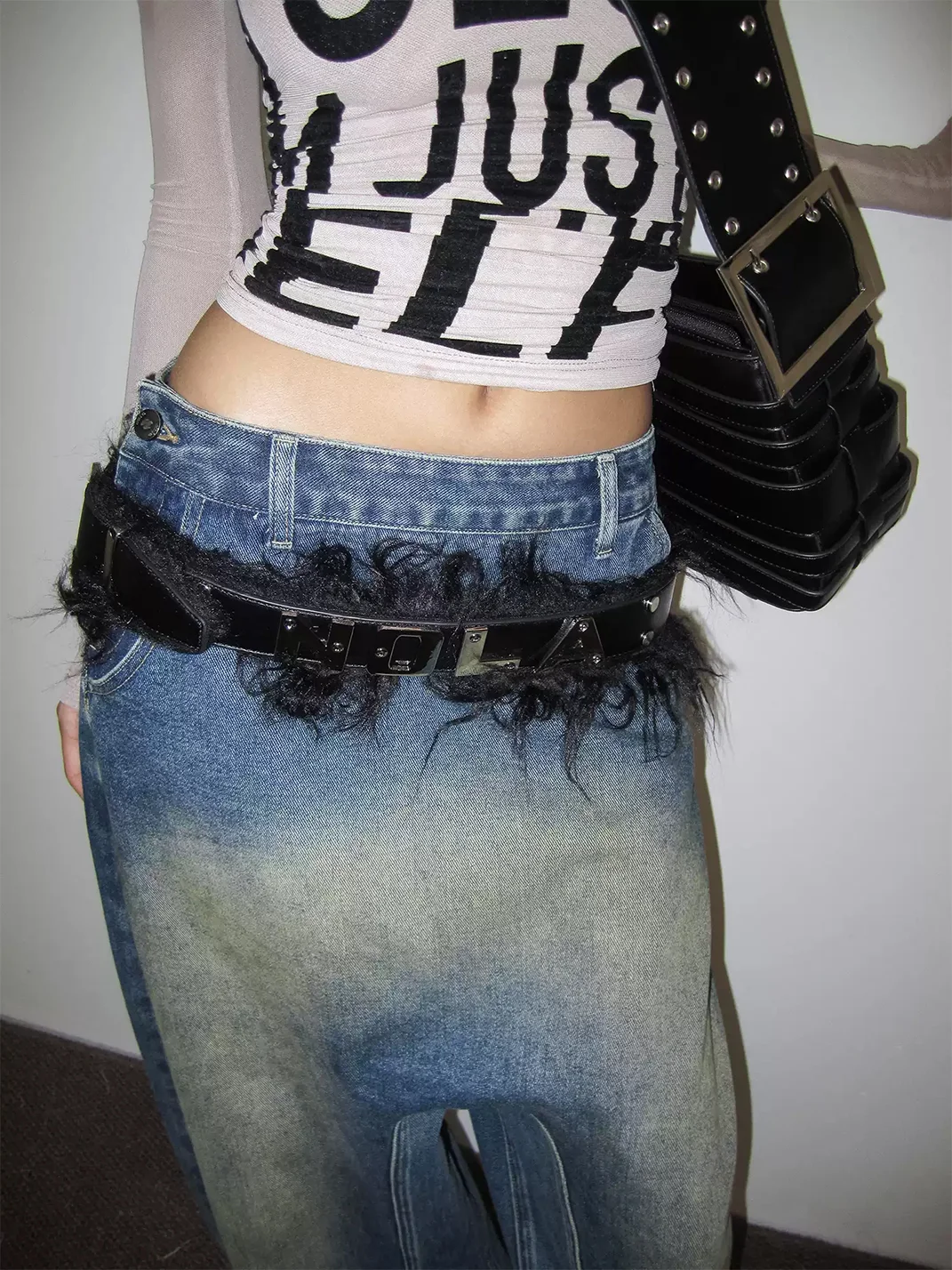 NOLA | Studded Fur-Trimmed Belt With Metal Lettering