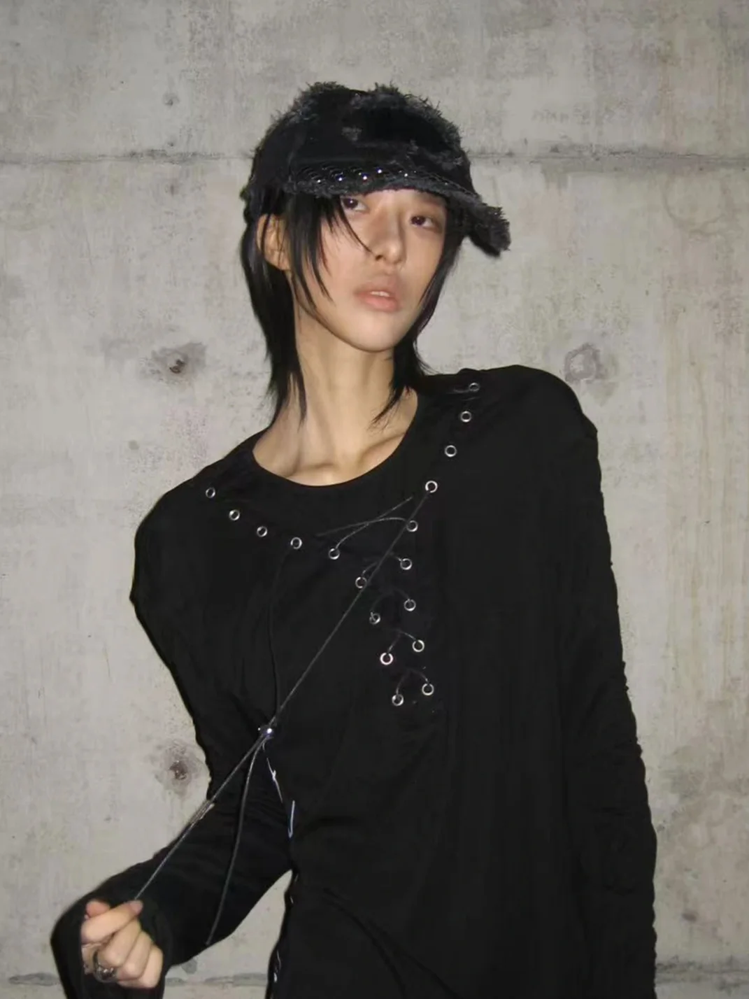 Cinder Vein | Studded Frayed Denim Curved Brim Baseball Cap