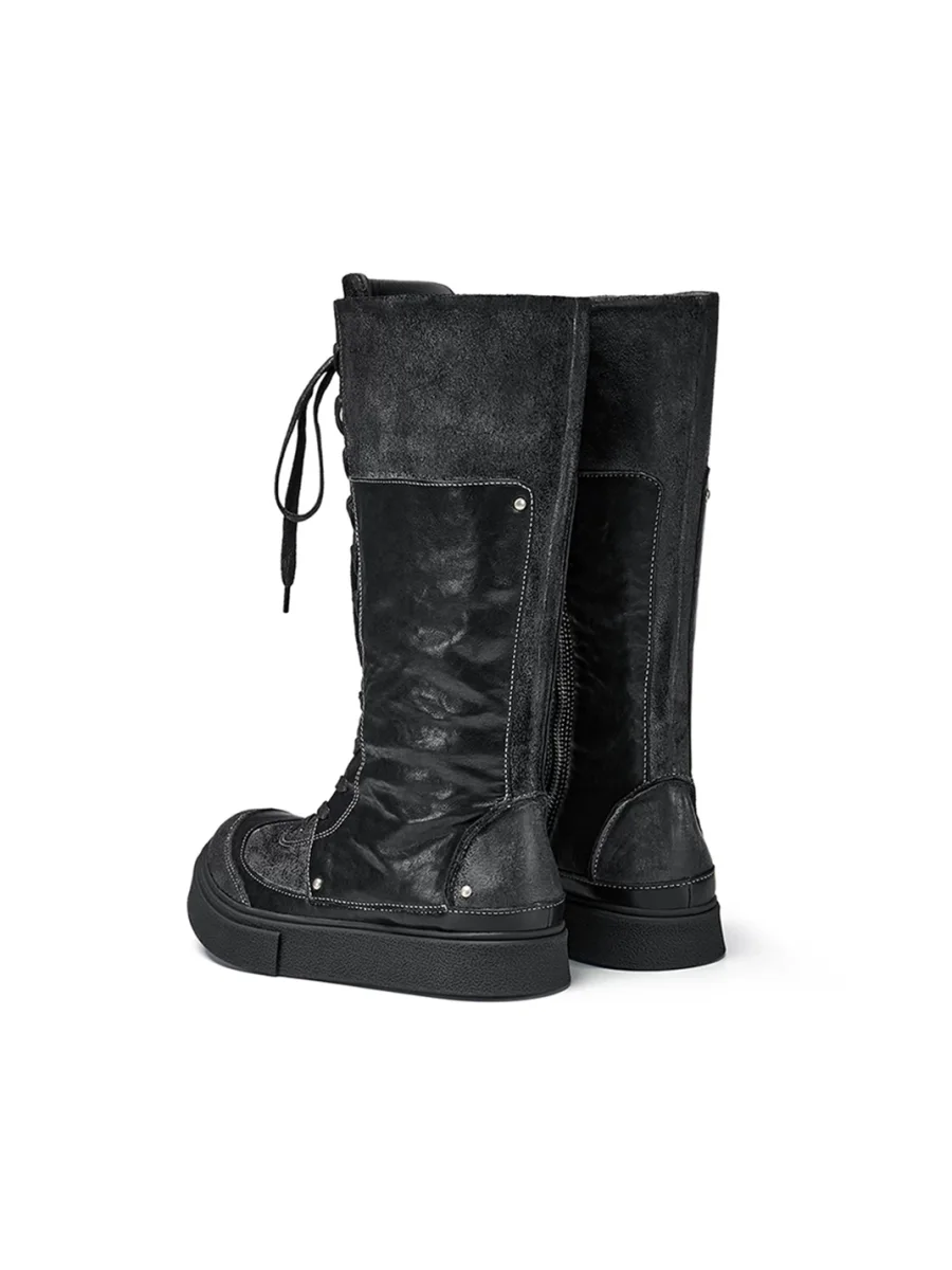 XMZY | Retro Lace-Up Platform Tall Biker Boots - 3