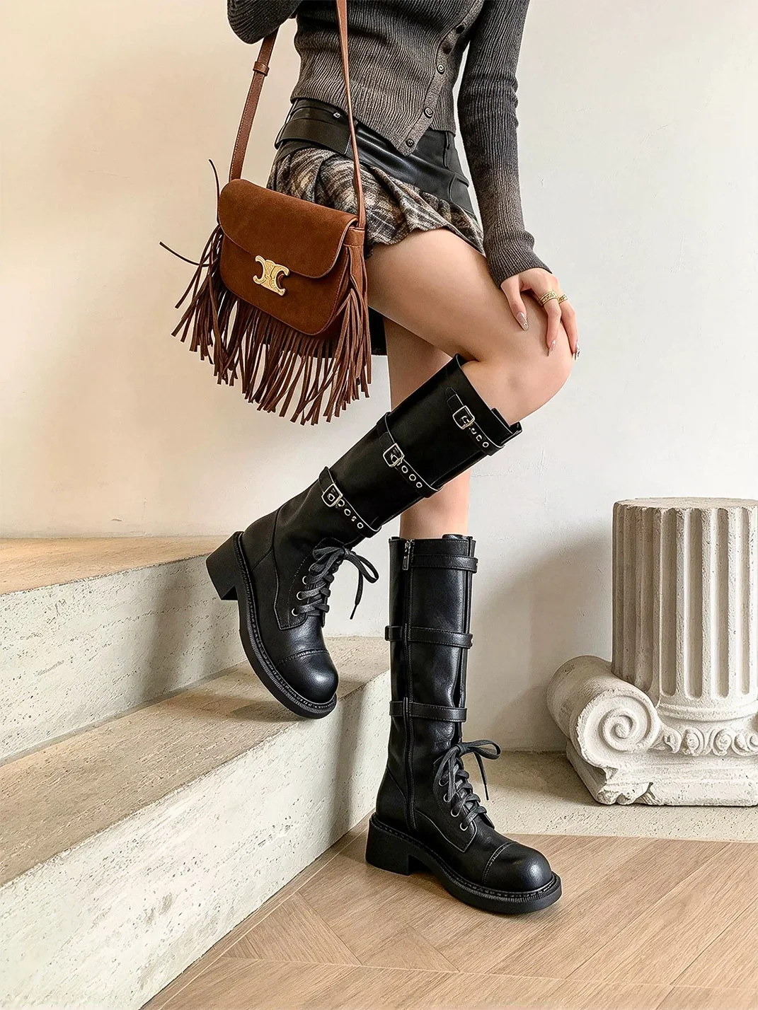 RONGRONG BABY | Distressed Leather Lace-Up Buckle Knee-High Boots
