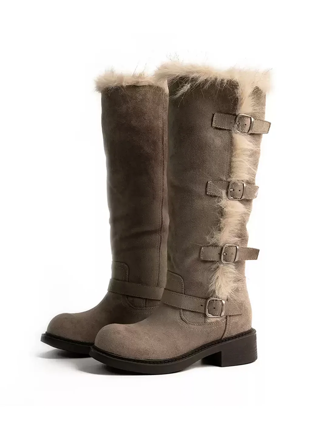 ZHUDAGE | Plush-Trim Leather Platform Tall Boots