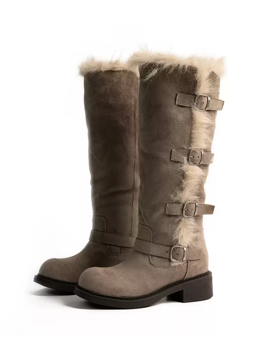 ZHUDAGE | Plush-Trim Leather Platform Tall Boots - 3