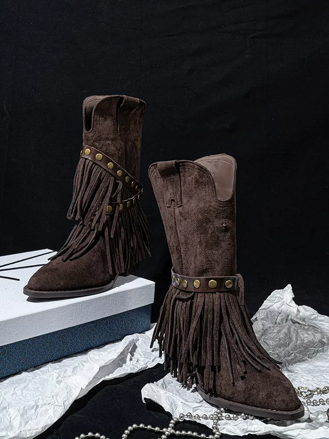 SISTER CURIE | Western Pointed-Toe Fringe Mid-Calf Boots