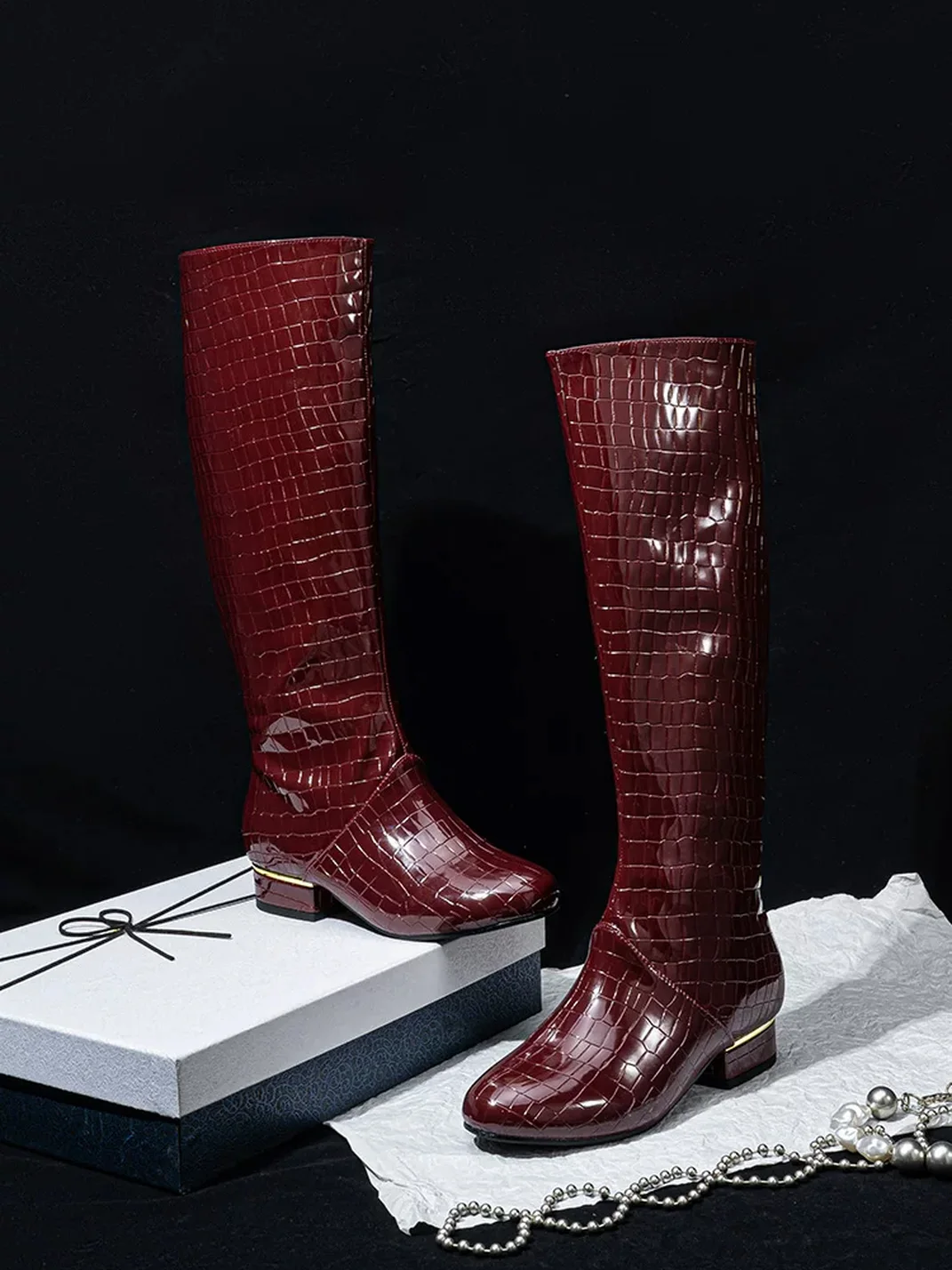 SISTER CURIE | Crocodile-Embossed Block Heel Knee-High Boots