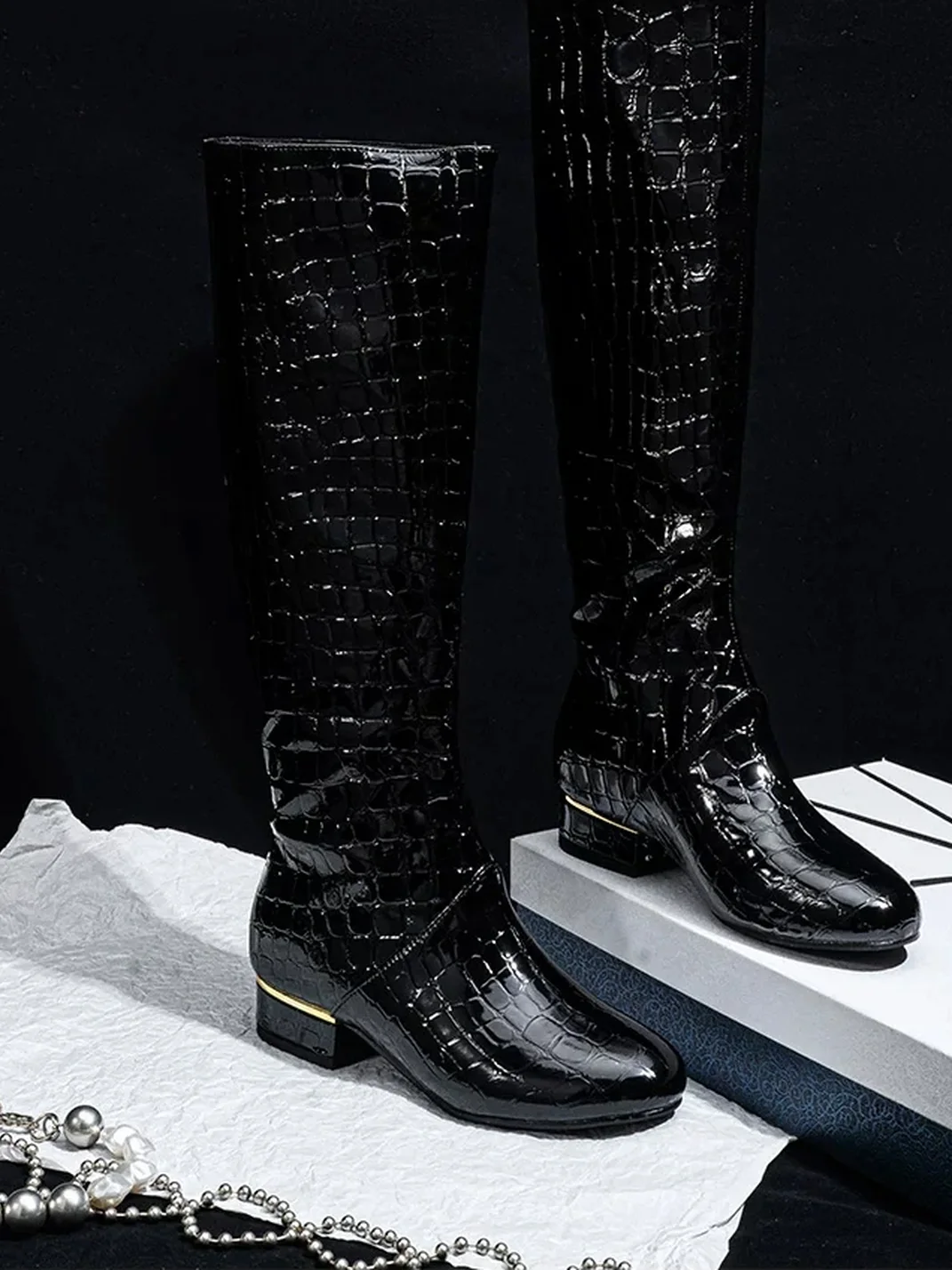 SISTER CURIE | Crocodile-Embossed Block Heel Knee-High Boots