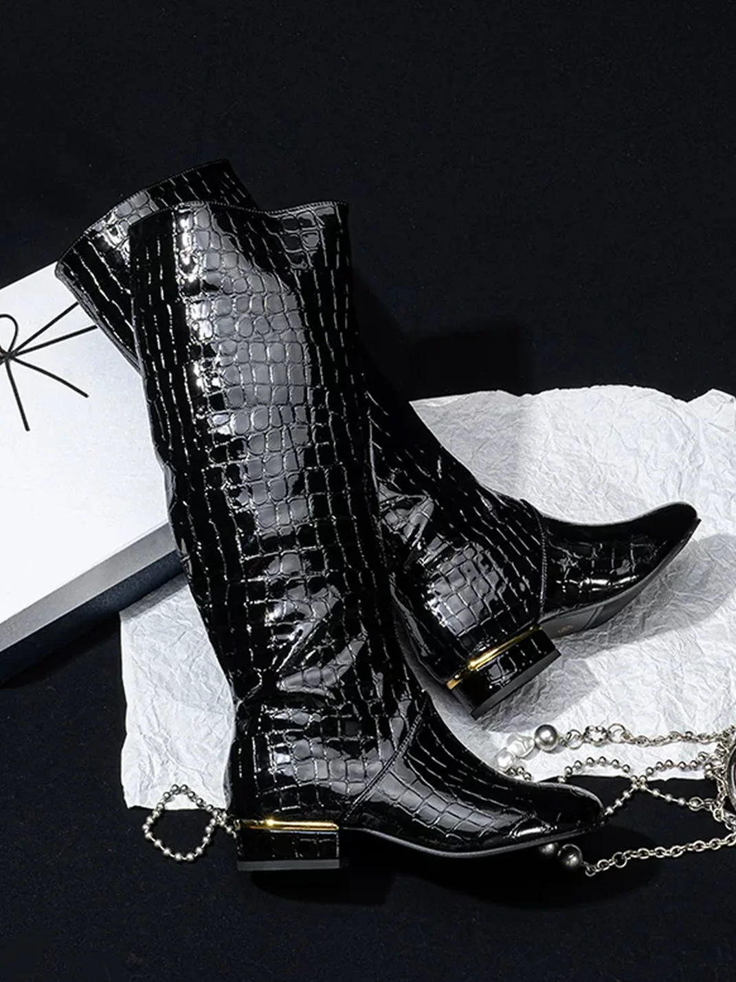 SISTER CURIE | Crocodile-Embossed Block Heel Knee-High Boots