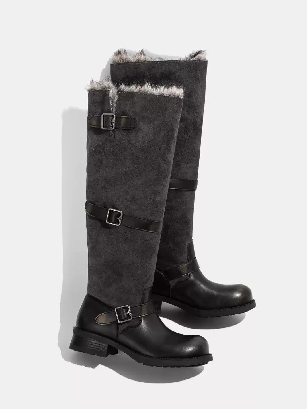 LMDD | Colorblock Plush-Lined Round-Toe Chunky-Heel Western Boots