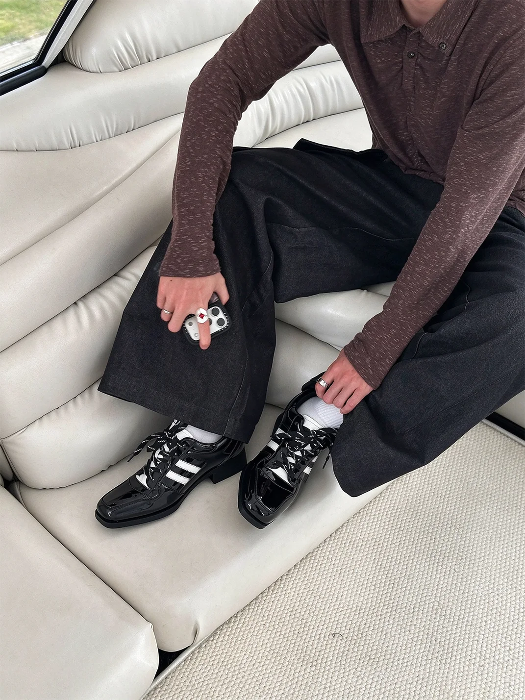 HANQIAORIJI | Glossy Square-Toe Lace-Up Platform Derby Shoes