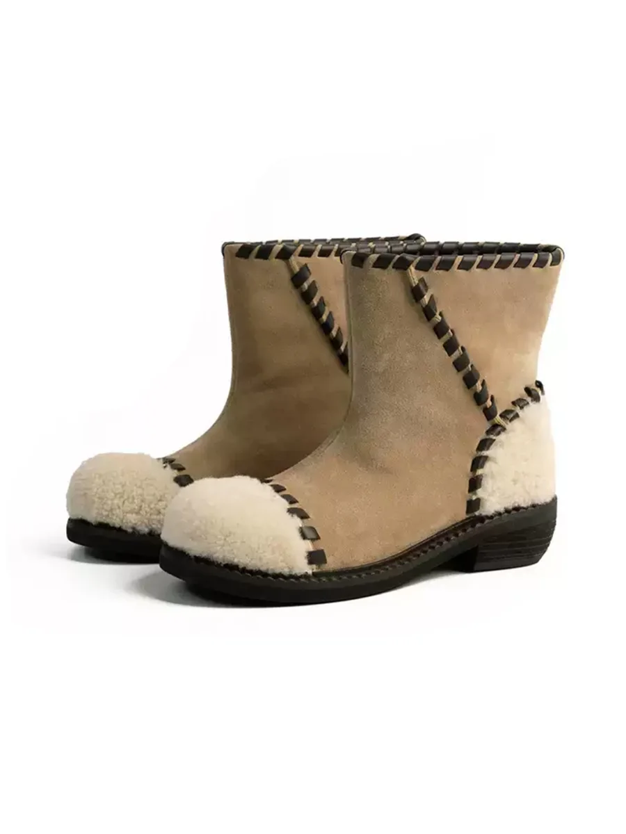 ZHUDAGE | Retro Leather And Wool Patchwork Ankle Boots - 2