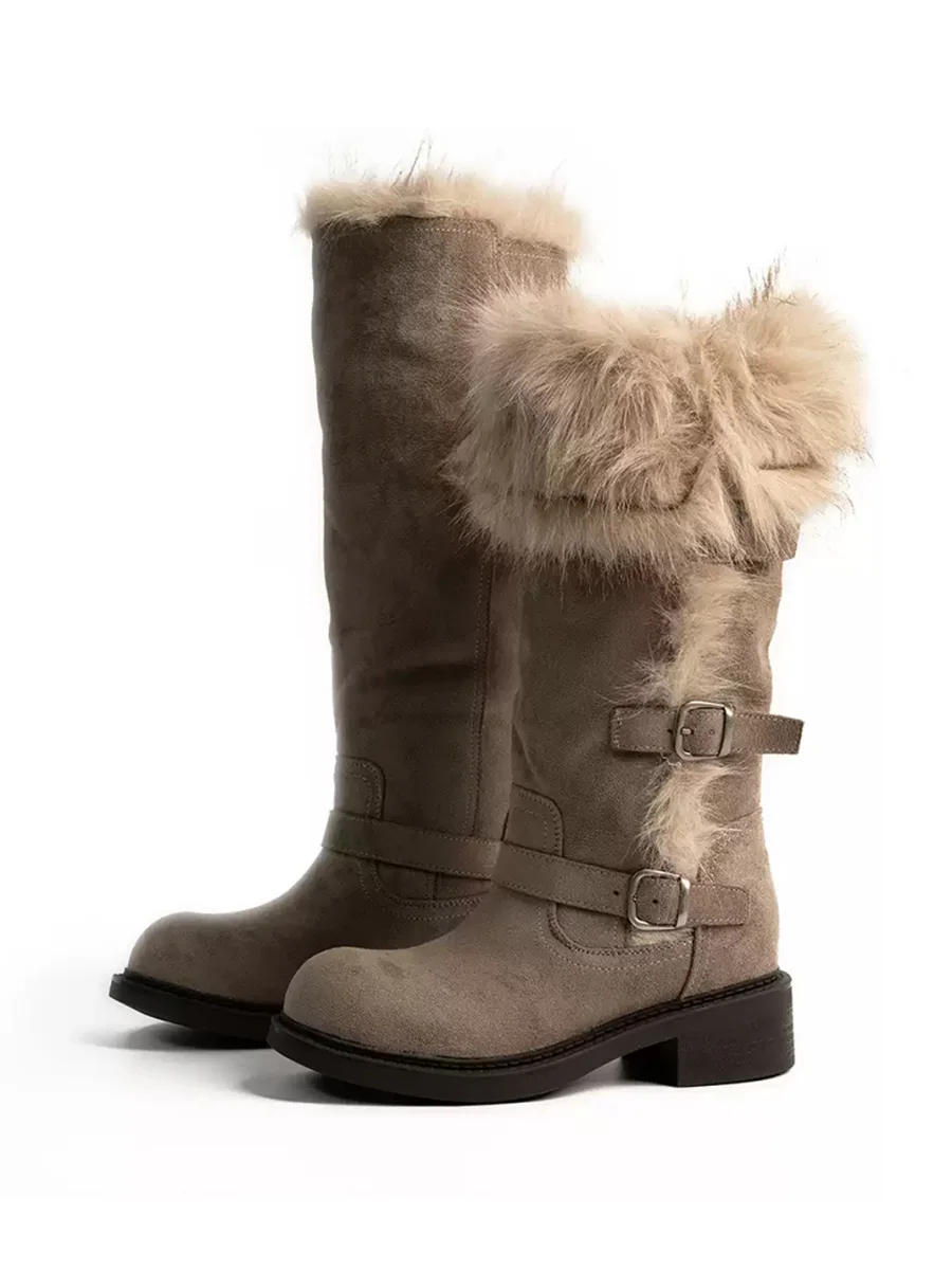 ZHUDAGE | Plush-Trim Leather Platform Tall Boots - 2
