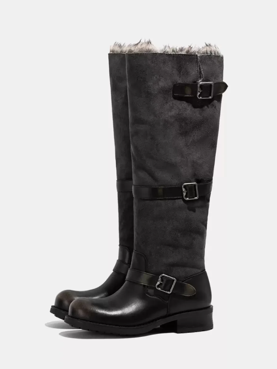 LMDD | Colorblock Plush-Lined Round-Toe Chunky-Heel Western Boots - 2